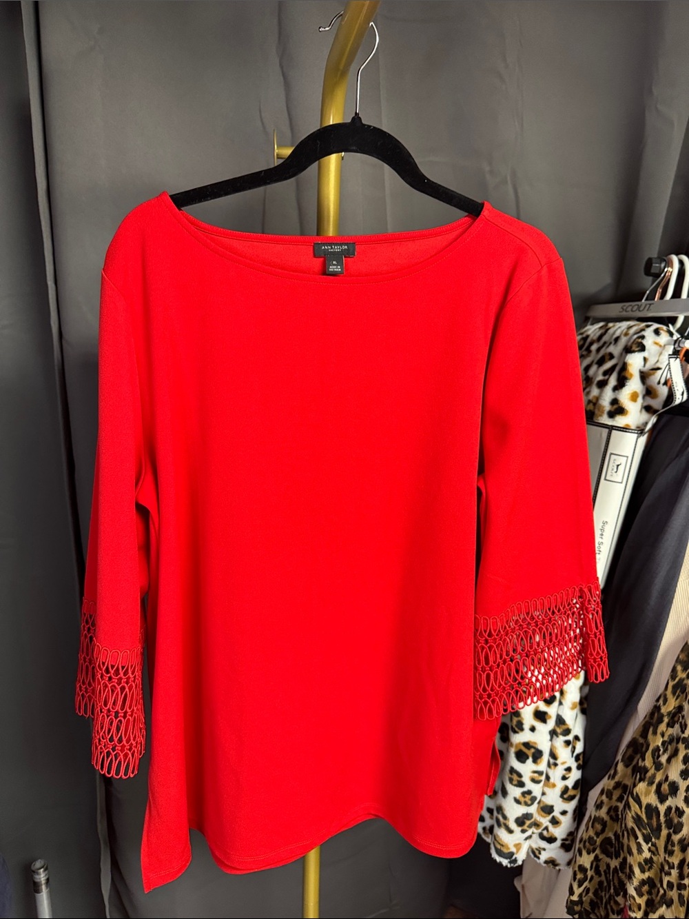 Ann Taylor Red Boatneck Top with Crochet Trim Sleeves